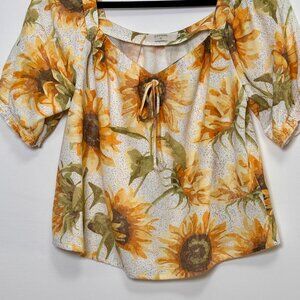 Y2K CREAM Brand, BOHO SUNFLOWER TOP, Sweetheart Neckline & Raglan Sleeves 6US